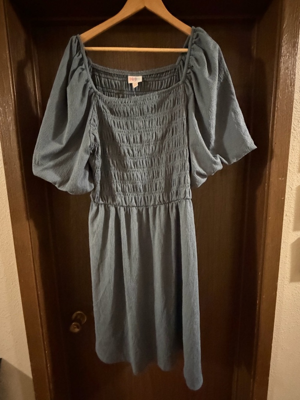 LuLaRoe Dusty Blue Smocked Midi Dress with Puff Sleeves
